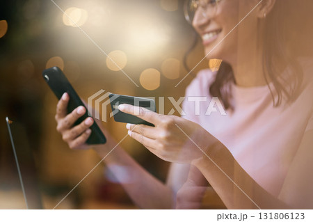 Credit card, online shopping and woman with mockup for advertising, ecommerce and bokeh background. Payment, fintech and girl happy with savings, budget and cash or finance transfer on smartphone app Credit card, online shopping and woman with mockup for advertising, ecommerce and bokeh background. Payment, fintech and girl happy with savings, budget and cash or finance transfer on smartphone app 131806123