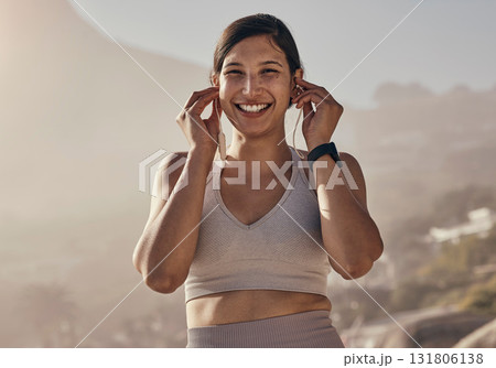 Portrait, fitness and music for woman in nature for running, training and cardio on blurred background. Happy, face and radio for girl outdoor for exercise, wellness and motivation with podcast track 131806138