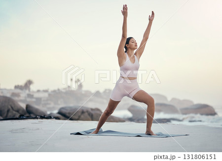 Yoga pose, woman and posture at beach for wellness, peace and zen, balance and ocean background. Fitness, girl and meditation, training and energy outdoor for peaceful, mindset and stretch workout 131806151