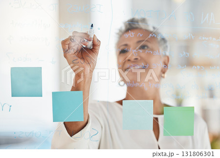 Senior business woman, writing and planning schedule for corporate strategy, ideas or tasks at office. Elderly female CEO in project management, brainstorming or sticky note plan for company goals Senior business woman, writing and planning schedule for corporate strategy, ideas or tasks at office. Elderly female CEO in project management, brainstorming or sticky note plan for company goals 131806301