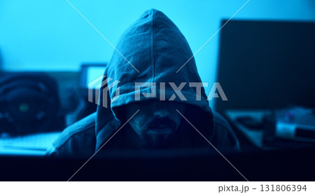 Computer, night hoodie or neon hacker hacking database software, online server or man password phishing. Blue ransomware developer, cybersecurity programming or hidden programmer coding malware code 131806394