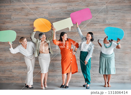 Feedback, survey and communication with business people and speech bubble for social media, recruitment and diversity. Design, idea and mockup with women and board for vote, review and question 131806414