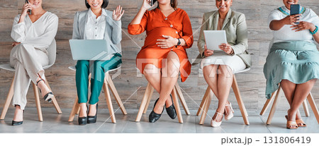 Recruitment, waiting room and professional women on technology, job search opportunity and career inclusion. Diversity, equality and business people on laptop, phone and tablet for Human Resources 131806419