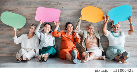 Branding, opinion and idea with business people and speech bubble for social media, recruitment and diversity. Design, communication and mockup with women and board for vote, review and question Branding, opinion and idea with business people and speech bubble for social media, recruitment and diversity. Design, communication and mockup with women and board for vote, review and question 131806423