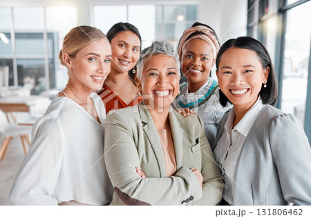 Diversity, portrait selfie and business women teamwork, global success or group empowerment in office leadership. Social media career of asian, black woman and senior people or staff profile picture 131806462