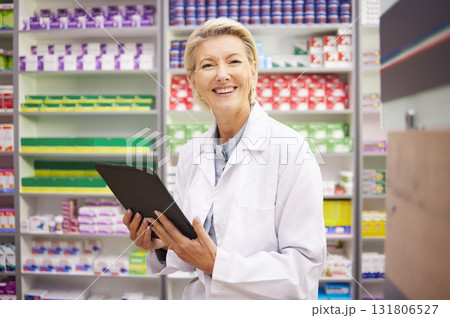 Tablet, pharmacy portrait and pharmacist woman for product management, stock research and inventory. Digital technology, retail software and senior healthcare doctor or person with medicine services 131806527