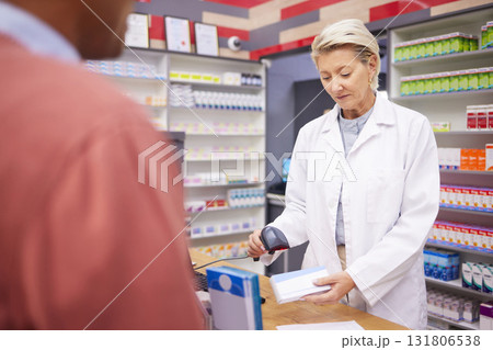 Pharmacy, barcode scan and senior woman pharmacist with customer buying medicine and pills. Store payment, pharmaceutical clinic and healthcare worker scanning code for patient payment in shop 131806538