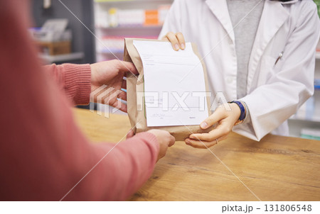 Pharmacy, medicine bag and pharmacist hand for customer services, healthcare support and retail employee help desk. Woman giving pharmaceutical drugs, medical product and receipt to client or patient 131806548