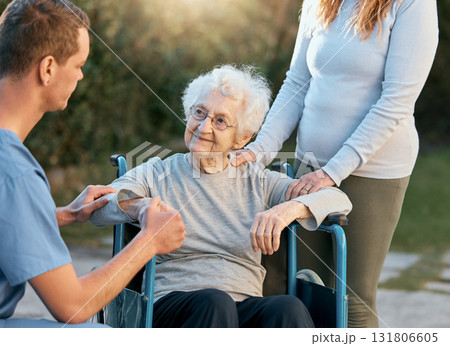 Support, caregiver and senior woman in wheelchair with help, medical healthcare and disability assistance from male nurse. Volunteer worker, adult daughter and disabled patient on nursing home estate Support, caregiver and senior woman in wheelchair with help, medical healthcare and disability assistance from male nurse. Volunteer worker, adult daughter and disabled patient on nursing home estate 131806605