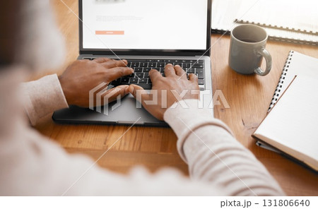 Business man, hands and laptop typing of a corporate worker with workplace notes for project. Writing, email and person with notebook and research analysis for online reading and career report Business man, hands and laptop typing of a corporate worker with workplace notes for project. Writing, email and person with notebook and research analysis for online reading and career report 131806640