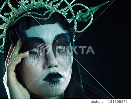 Halloween, grunge beauty face and fantasy cosmetics with dark royalty and ghost aesthetic. Cosplay, goth fashion and Asian woman model with creative cosmetics and crown for dress up in studio mockup Halloween, grunge beauty face and fantasy cosmetics with dark royalty and ghost aesthetic. Cosplay, goth fashion and Asian woman model with creative cosmetics and crown for dress up in studio mockup 131806872