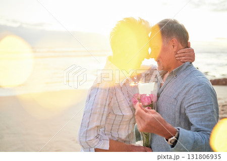 Flare, mockup and romance on the beach with an old couple outdoor in nature to celebrate valentines day. Summer, love or flowers with a senior man and woman celebrating on the coast together Flare, mockup and romance on the beach with an old couple outdoor in nature to celebrate valentines day. Summer, love or flowers with a senior man and woman celebrating on the coast together 131806935