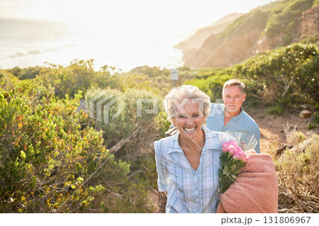 Hiking, mockup and a senior couple on a valentines day picnic together in the mountains for romance. Nature, love and a mature woman leading her husband along a path in the wilderness for bonding Hiking, mockup and a senior couple on a valentines day picnic together in the mountains for romance. Nature, love and a mature woman leading her husband along a path in the wilderness for bonding 131806967