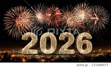 Golden numbers 2026 glowing brightly with colorful fireworks above a city skyline, celebrating the arrival of the new year with joy and excitement Golden numbers 2026 glowing brightly with colorful fireworks above a city skyline, celebrating the arrival of the new year with joy and excitement 131806973