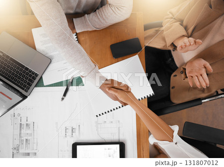 Partnership, success or top of shaking hands in b2b meeting or startup project or financial agreement. Teamwork, handshake zoom or worker with job promotion, business deal negotiation or hiring 131807012