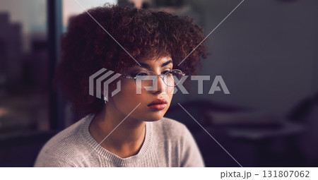 Web design, face and woman reading on a computer for website software, it and planning. Designer, database and worker with a pc for programming, code analytics and information technology from home 131807062