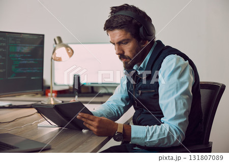 Coding, man writing notes and programmer, software update and work night with information technology and code. Cybersecurity, ux and network with wifi, web design and cyber space with cpu programming 131807089