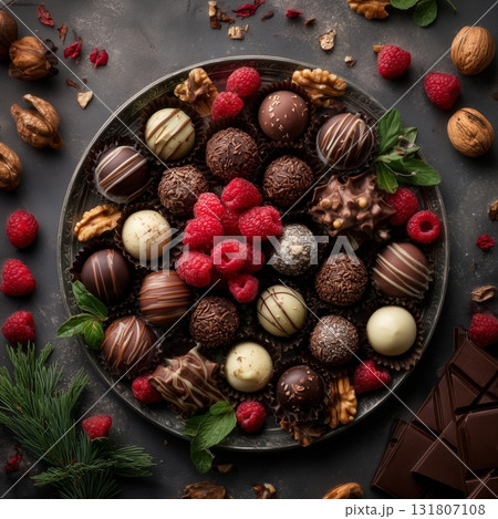 Delicious Assortment of Chocolate Truffles and Fresh Raspberries on a Decorative Tray Delicious Assortment of Chocolate Truffles and Fresh Raspberries on a Decorative Tray 131807108