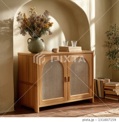 Modern Wooden Cabinet With Decorative Vase in Bright Living Room Setting 131807159
