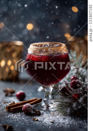 Festive Drink With Spices and Snow in a Cozy Holiday Setting 131807192