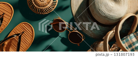 Summer Essentials Laid out on a Green Background With Sunglasses, Hat, and Sandals 131807193