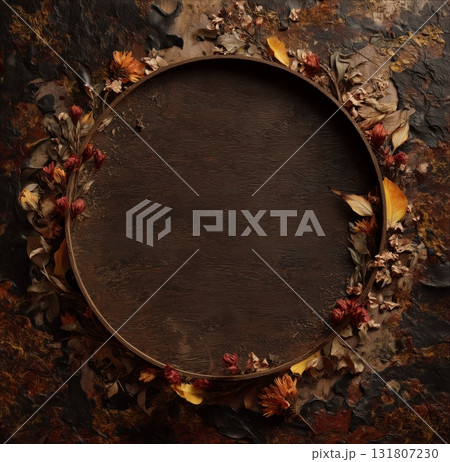 Decorative Round Wooden Frame With Dried Flowers on a Textured Background 131807230