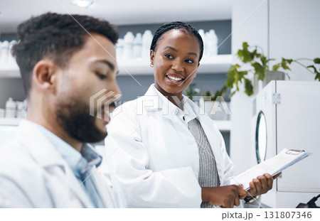 Science teamwork, research and black woman with pharmaceutical, report and medicine paperwork. Medical professional people or scientist with partner in laboratory for eco friendly drugs in healthcare 131807346