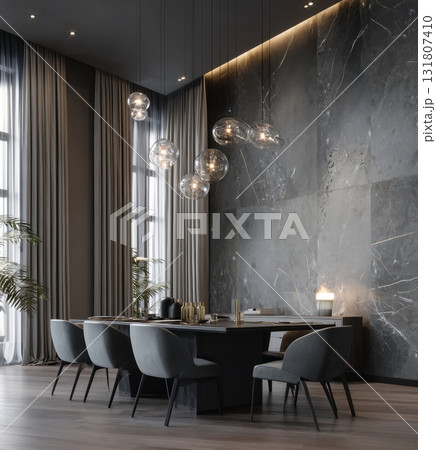 Modern Dining Room With Elegant Gray Decor and Stylish Hanging Lights During Daytime 131807410