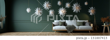 Modern Living Room Design Featuring Stylish Star-Shaped Light Fixtures and a Cozy Sofa Modern Living Room Design Featuring Stylish Star-Shaped Light Fixtures and a Cozy Sofa 131807413