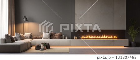 Modern Living Room With Cozy Fireplace and Minimalist Furniture Design Modern Living Room With Cozy Fireplace and Minimalist Furniture Design 131807468
