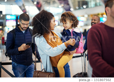 Airport line, mother and girl at international flight check for plane board or airplane ticket payment. Happy mom, child and family waiting at gate for air travel and security before transport Airport line, mother and girl at international flight check for plane board or airplane ticket payment. Happy mom, child and family waiting at gate for air travel and security before transport 131807502