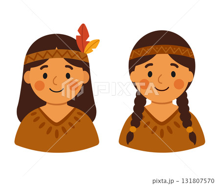 A pair of Native Americans. Thanksgiving design. Isolated white background. Flat style vector illustration 131807570