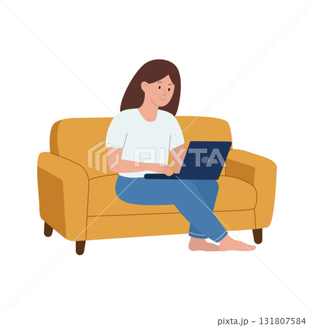 A girl is sitting on a sofa with a laptop. Working from home. Isolated white background. Flat style vector illustration. 131807584