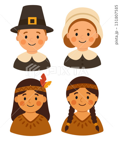 Cute portraits of a Native American couple and a Pilgrim couple. Design for Thanksgiving. Flat-style vector illustration. 131807585