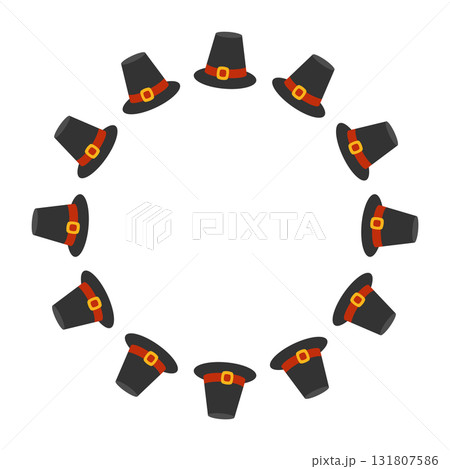 Round frame of Pilgrim hats. Thanksgiving design. Isolated white background. Vector illustration in flat style 131807586