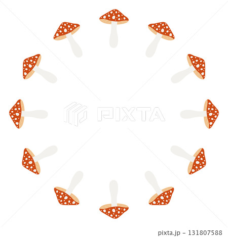 Round frame of fly agaric mushrooms. Isolated white background. Vector illustration in flat style 131807588