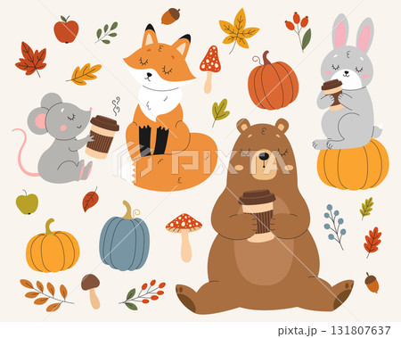 Cute animals, a fox, a bear, a rabbit and a mouse, enjoy warm coffee surrounded by autumn leaves, pumpkins and mushrooms. Isolated background. Vector illustration Cute animals, a fox, a bear, a rabbit and a mouse, enjoy warm coffee surrounded by autumn leaves, pumpkins and mushrooms. Isolated background. Vector illustration 131807637