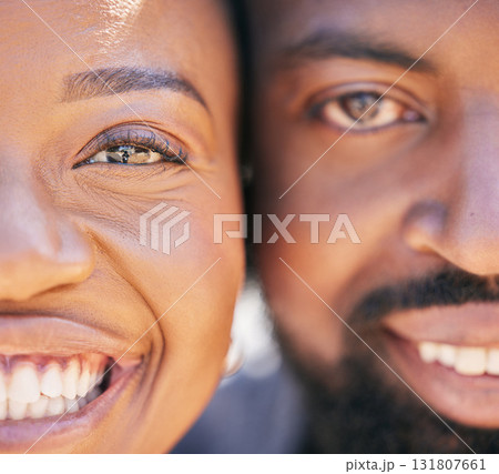 Love, zoom and portrait of happy black couple with smile on face and romantic date for valentines day. Happiness, romance and man and woman smiling together in close embrace and loving relationship. Love, zoom and portrait of happy black couple with smile on face and romantic date for valentines day. Happiness, romance and man and woman smiling together in close embrace and loving relationship. 131807661