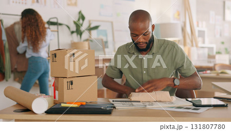 Business owner, delivery box or black man with clothes package for export or ecommerce shipping. Dropshipping, fashion product or African entrepreneur supply chain distribution for cargo or courier 131807780