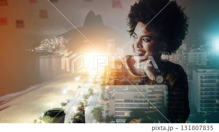Woman, office and night with thinking by double exposure city, smile and planning for future goal. Corporate vision, 3d holographic metro and idea for career goals, solution and brainstorming in dark Woman, office and night with thinking by double exposure city, smile and planning for future goal. Corporate vision, 3d holographic metro and idea for career goals, solution and brainstorming in dark 131807835