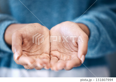 Hands open, charity and support with a woman begging for help in studio closeup for humanity to share. Community, poverty and donation with female palms asking for aid, compassion or kindness Hands open, charity and support with a woman begging for help in studio closeup for humanity to share. Community, poverty and donation with female palms asking for aid, compassion or kindness 131807994