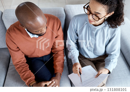 Contract, health agreement and black man with woman sign paperwork, medical insurance and legal document. Talk, doctor in psychology and patient top view, consultation to explain terms and conditions 131808101