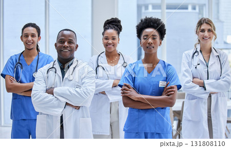 Proud, diversity and doctors portrait in healthcare mission, hospital values and teamwork or leadership. Group of medical staff, nurses or professional employees face of USA clinic in workforce goals 131808110
