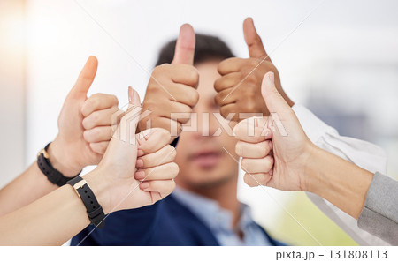 Business people, hands and thumbs up in teamwork agreement for good job, winning or success at the office. Hand of group employees showing thumb emoji, yes sign or like in team support at workplace Business people, hands and thumbs up in teamwork agreement for good job, winning or success at the office. Hand of group employees showing thumb emoji, yes sign or like in team support at workplace 131808113