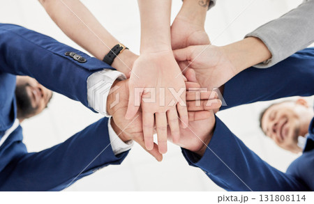 Teamwork, stack of hands and team of business people in celebration together for success or achievement. Professional, collaboration and group of corporate employees in unity to celebrate in office. Teamwork, stack of hands and team of business people in celebration together for success or achievement. Professional, collaboration and group of corporate employees in unity to celebrate in office. 131808114