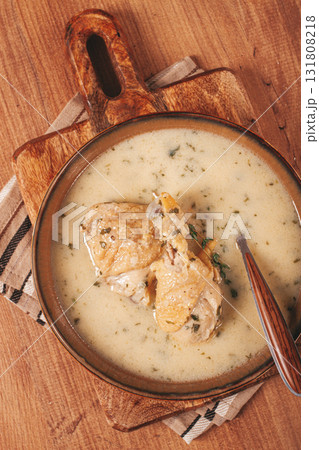 Chikhirtma chicken soup, Georgian dish, with lavash, top view, no people, 131808218