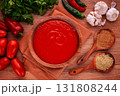 Georgian sauce, Satsebeli sauce, tomato and sweet pepper sauce, with spices, in a wooden bowl, homemade, no people, 131808244
