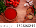 Georgian sauce, Satsebeli sauce, tomato and sweet pepper sauce, with spices, in a wooden bowl, homemade, no people, 131808245