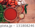 Georgian sauce, Satsebeli sauce, tomato and sweet pepper sauce, with spices, in a wooden bowl, homemade, no people, 131808246