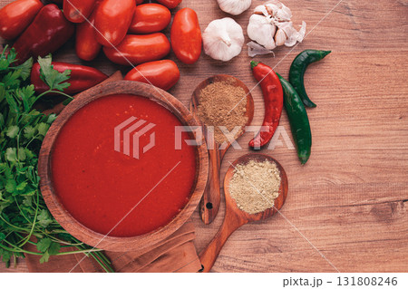 Georgian sauce, Satsebeli sauce, tomato and sweet pepper sauce, with spices, in a wooden bowl, homemade, no people, Georgian sauce, Satsebeli sauce, tomato and sweet pepper sauce, with spices, in a wooden bowl, homemade, no people, 131808246